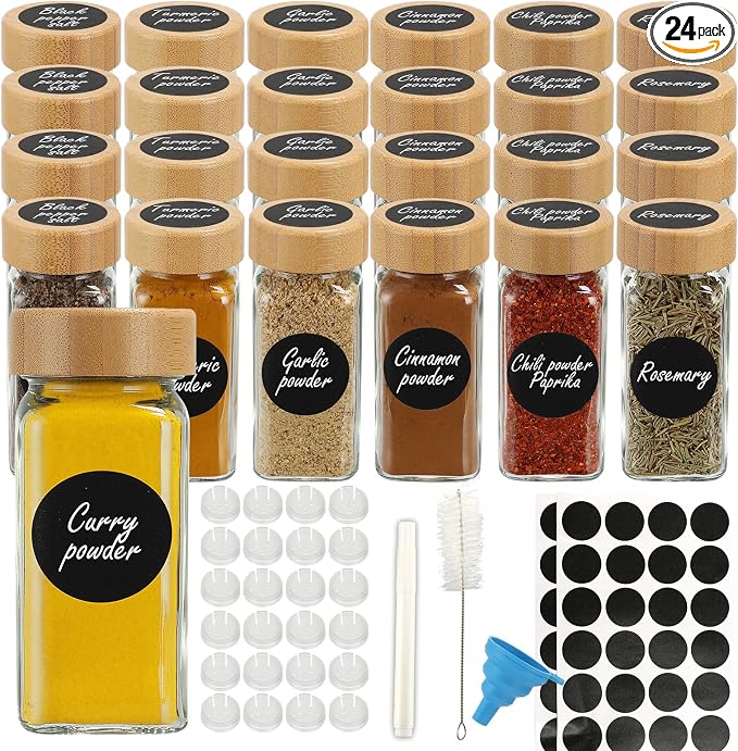 24Pcs Glass Spice Jars with Labels, 4oz Spice Containers with Bamboo Lids by ModernClearGlassVase