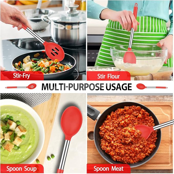 Pack of 4 Large Silicone Cooking Spatulas and Spoons, Slotted and Solid - Image 5