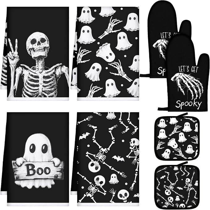 Leinuosen 8 Pcs Skull Kitchen Decor Set Kitchen Towels Gothic Oven Mitts and by Leinuosen