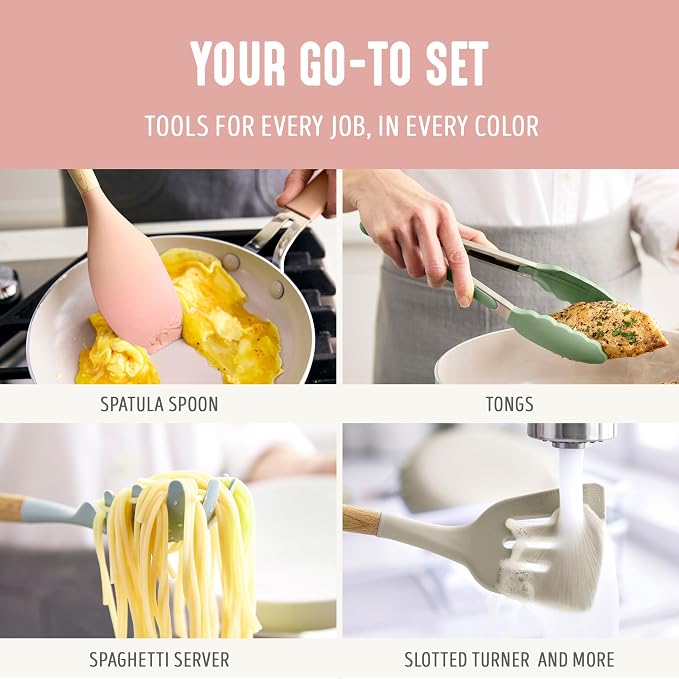 GreenLife 11 Piece Silicone Utensil Crock Set, Nonstick Kitchen Tools, Slotted - Image 4