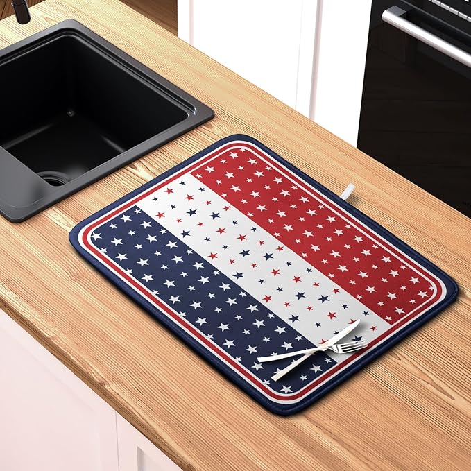 4th of July Dish Drying Mat for Kitchen Counter Patriotic Red White Blue Stars - Image 6