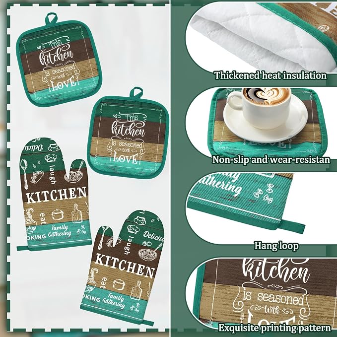 12 Pcs Farmhouse Kitchen Decor Sets 4 Teal Green Kitchen Towels 4 Teal - Image 5