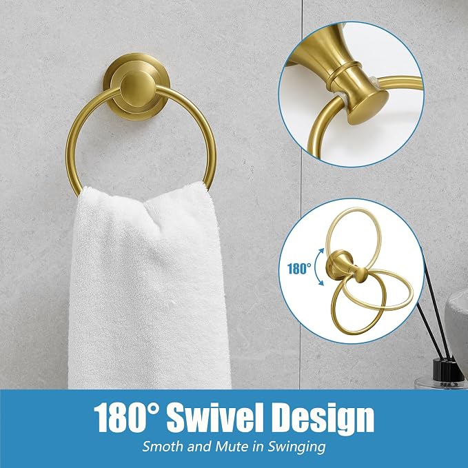 RUMOSE Toilet Paper Holder and Hand Towel Ring Brushed Gold Wall Mount Bathroom - Image 3