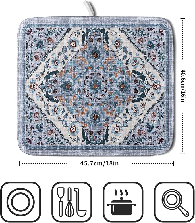 Boho Flower Dish Drying Mat Blue Bohemian Dishes Drainer Rack Mat 16x18 Inch - Image 2