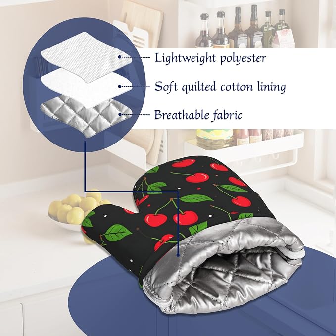 Oven Mitts and Pot Holders Sets Red Black Cherry Silicone Kitchen Mits - Image 5