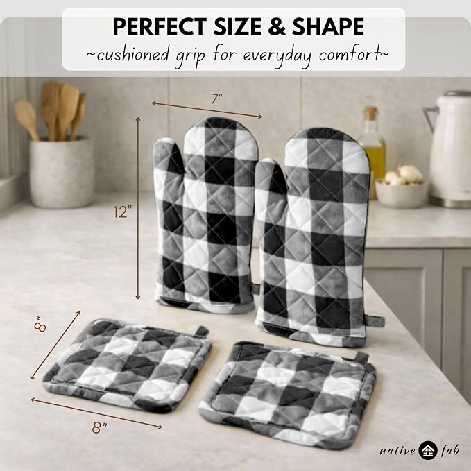 Native Fab Buffalo Plaid Check Oven Mitts and Pot Holders Set of 4, 100% Cotton - Image 3