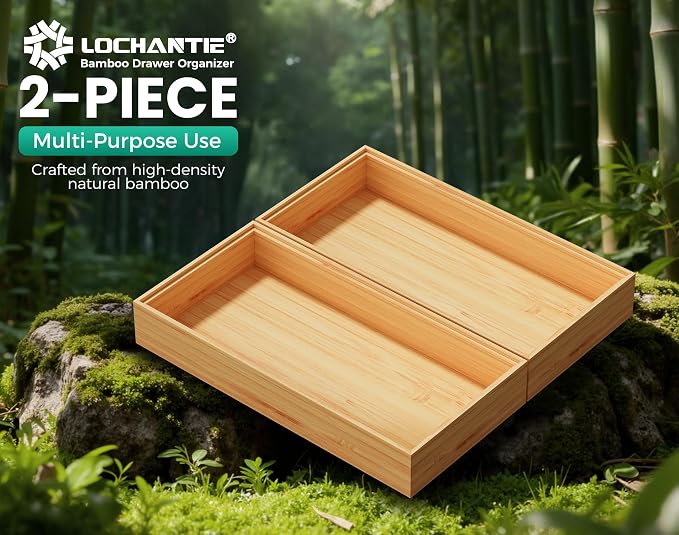 Bamboo Kitchen Drawer Organizer Boxes – 12" x 6" Stackable Wood Silverware - Image 6