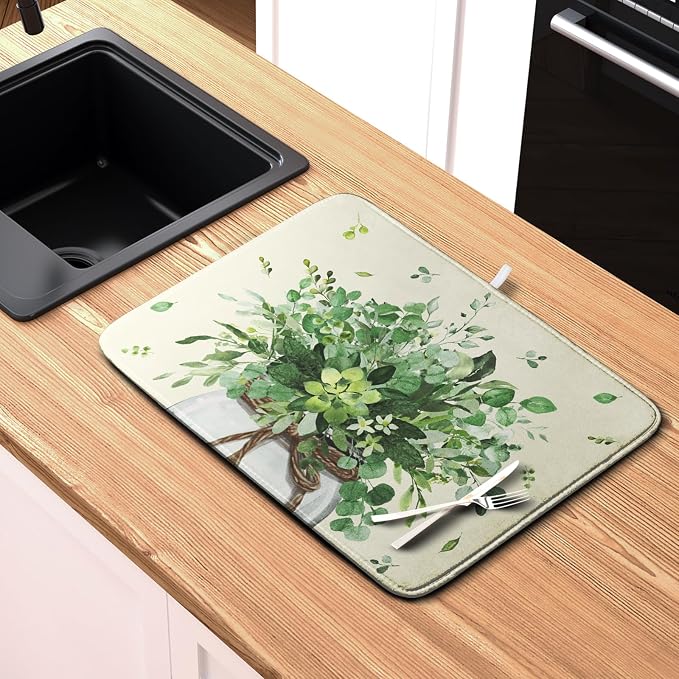 Spring Sage Green Leaves Dish Drying Mat - Image 6
