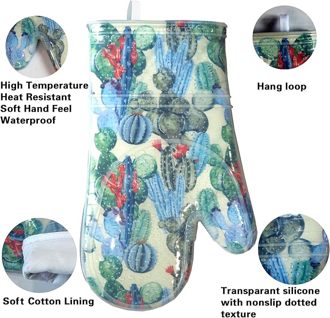 Oven Mitts Set of 2 with Transparent Clear Silicone Shell and Nice Cactus - Image 3