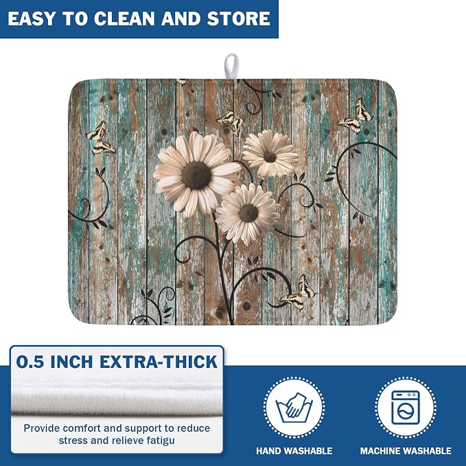 Dish Drying Mat for Kitchen Counter 18 x 24 Inch Rustic Vintage Daisy Floral - Image 5
