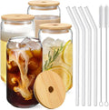 Drinking Glasses with Bamboo Lids and Glass Straw 4pcs Set - 16oz Glass Cups by NETANY