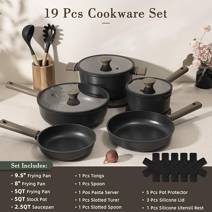 Astercook 19 Pcs Pots and Pans Set Non Stick, Non toxic Healthy Kitchen Cooking - Image 2