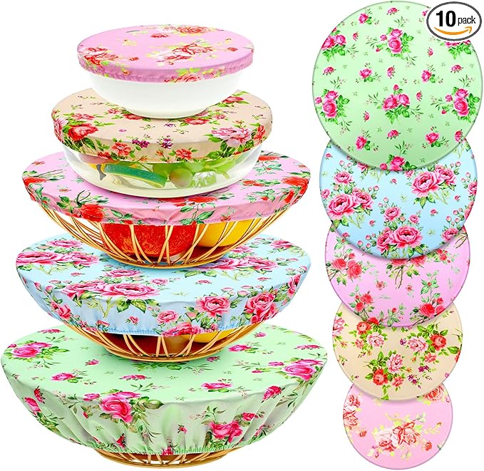 Patelai 10 Pcs Bowl Covers Reusable in 5 Size Stretch Cloth Fabric Elastic Food by Patelai
