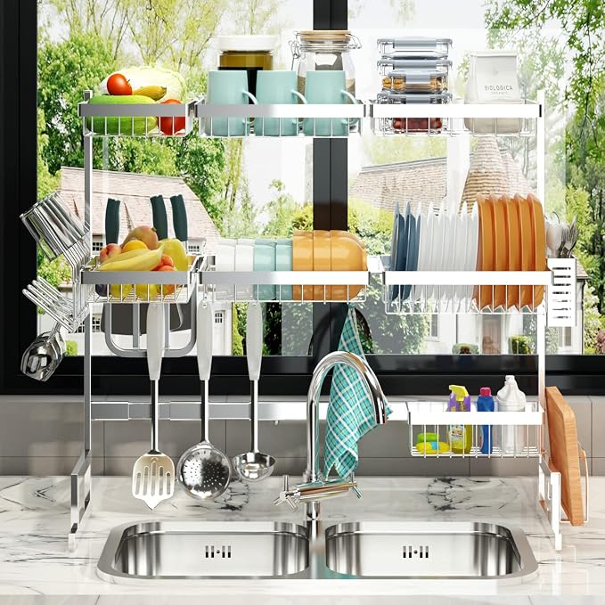 PUSDON Over Sink Dish Drying Rack Stainless Steel, Adjustable Large Dish Drainer - Image 8