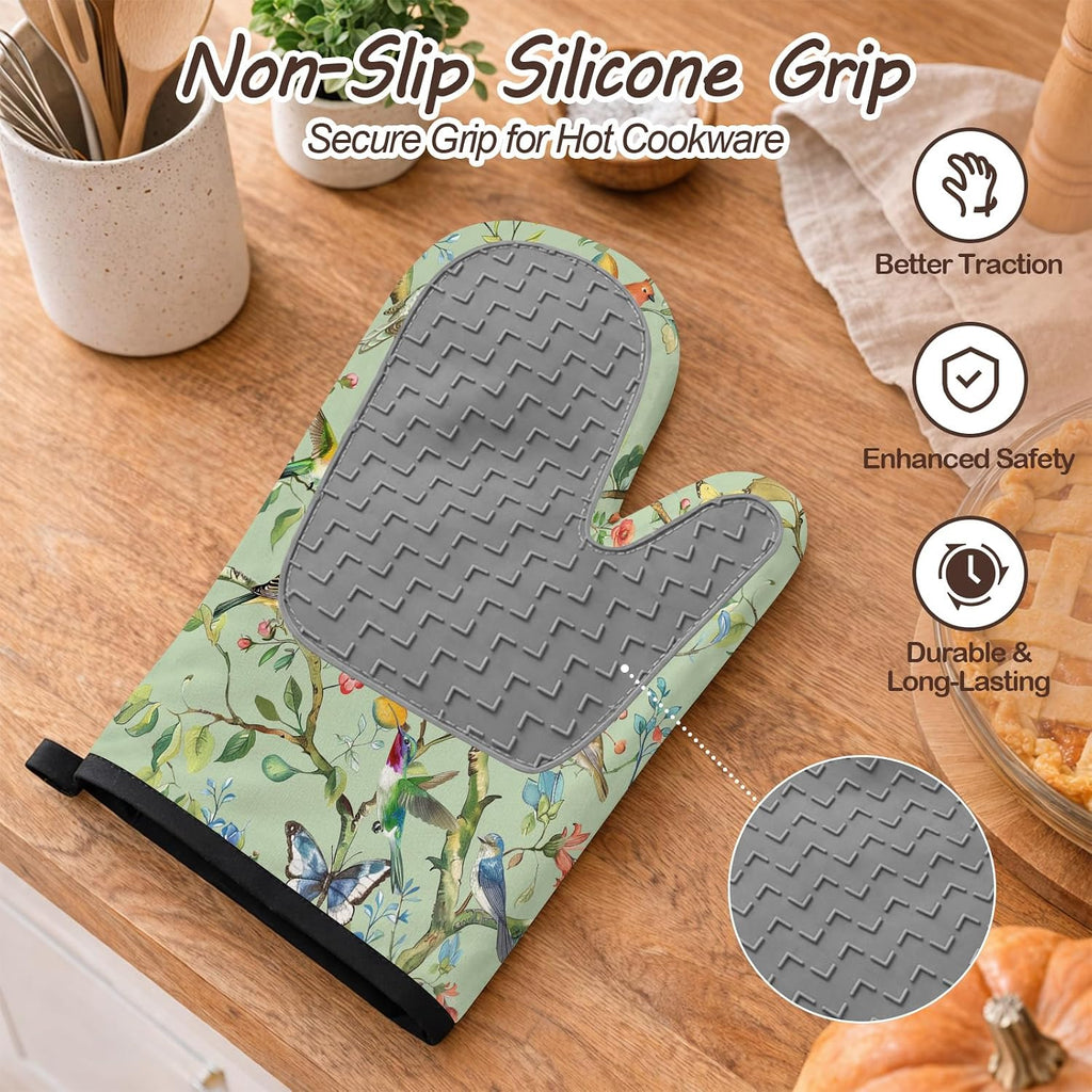 Bird Oven Mitts and Pot Holders Sets 3PCS, Floral Botanical Print