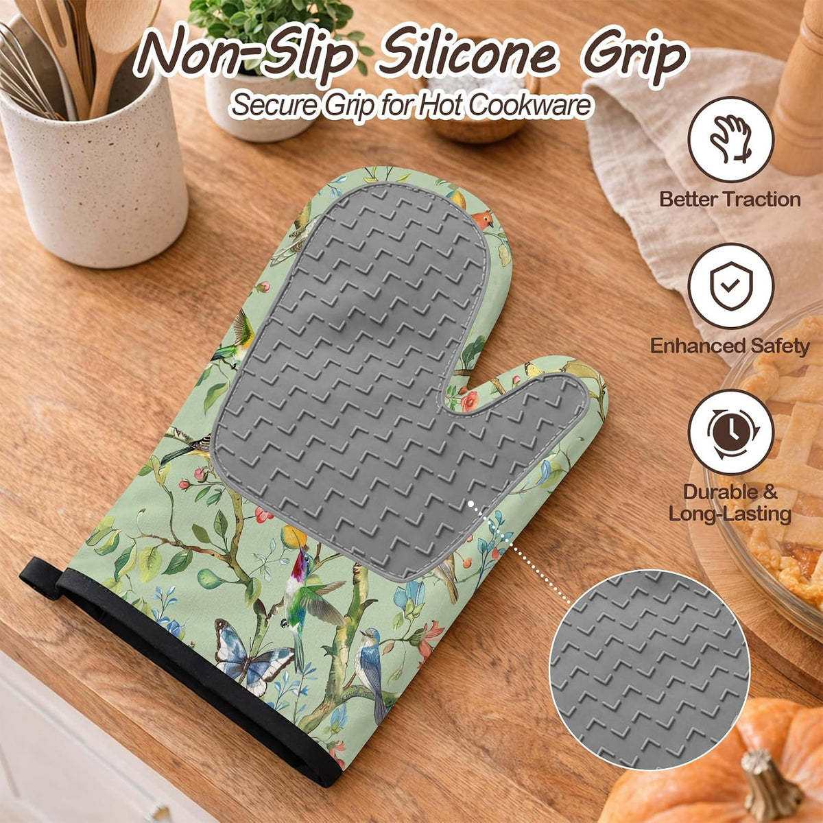 Bird Oven Mitts and Pot Holders Sets 3PCS, Floral Botanical Print
