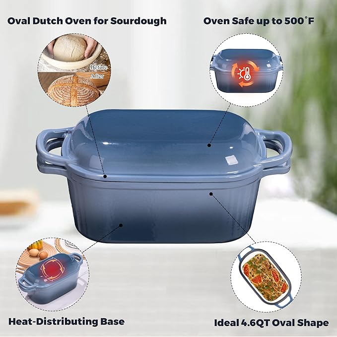 4.6 Quart Dutch Oven for Sourdough Bread Baking, Combo Oval Enameled Cast Iron - Image 5