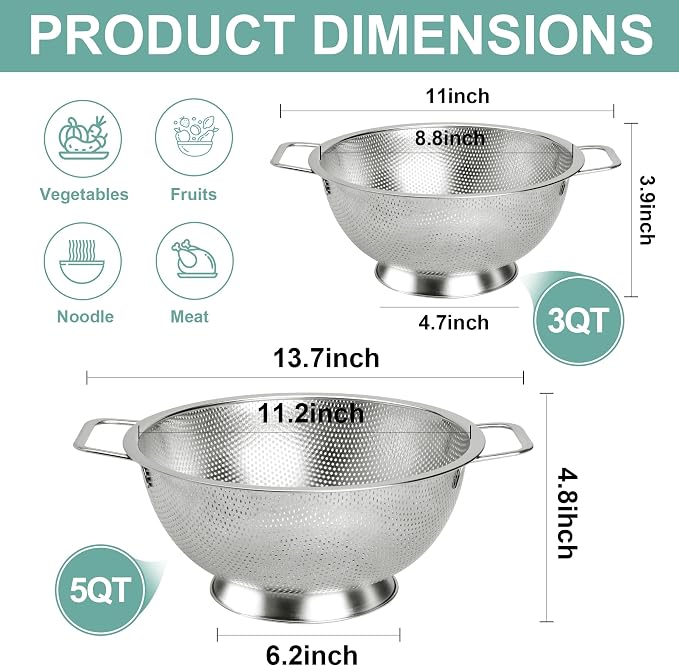 Kaishun Colander Stainless Steel 3-Quart, Kitchen Strainer - Image 2