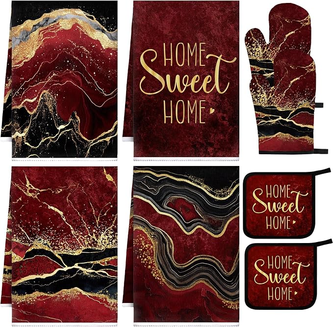 Leinuosen 8 Pcs Burgundy Marble Kitchen Towels and Dishcloths Sets Oven Mitts by Leinuosen