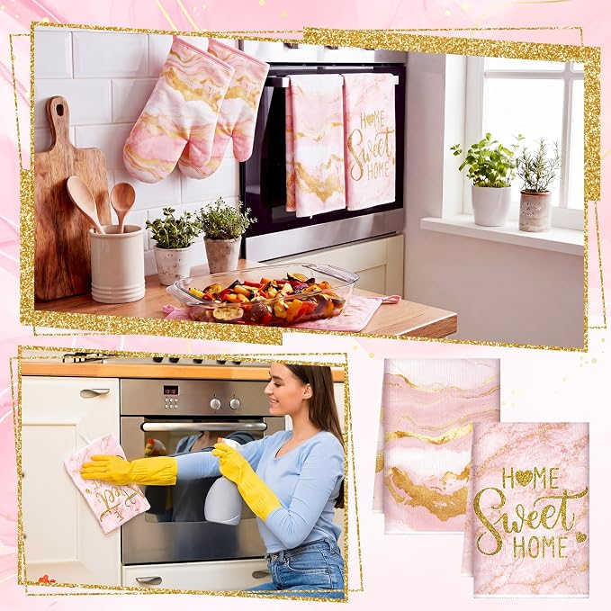 Bencailor Light Pink 6 Pcs Marble Kitchen Decor Gold Pot Holders Oven Mitts 2 - Image 4