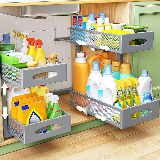 2 Pack Under Sink Organizer, 2 Tier Pull out Cabinet Organizer Mesh Baskets by Kitstorack