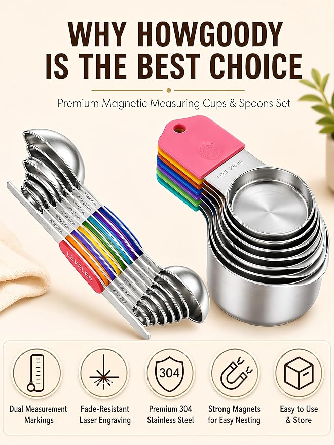 Magnetic Measuring Cups and Spoons Set304 Stainless Steel Dual Scale Set of 15 - Image 2