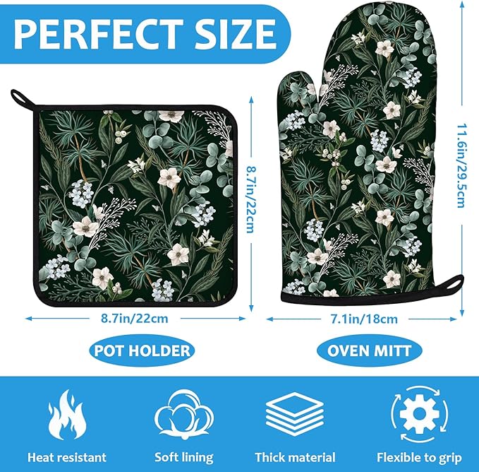 Botanical Print FloralOven Mitts and Pot Holders Sets Heat Resistant 4Pcs - Image 2