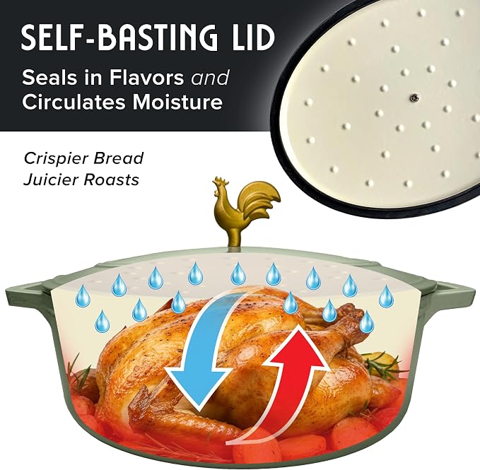 MUELLER HOME 5.5 Quart Enameled Cast Iron Oval Dutch Oven w Rooster Knob & - Image 5