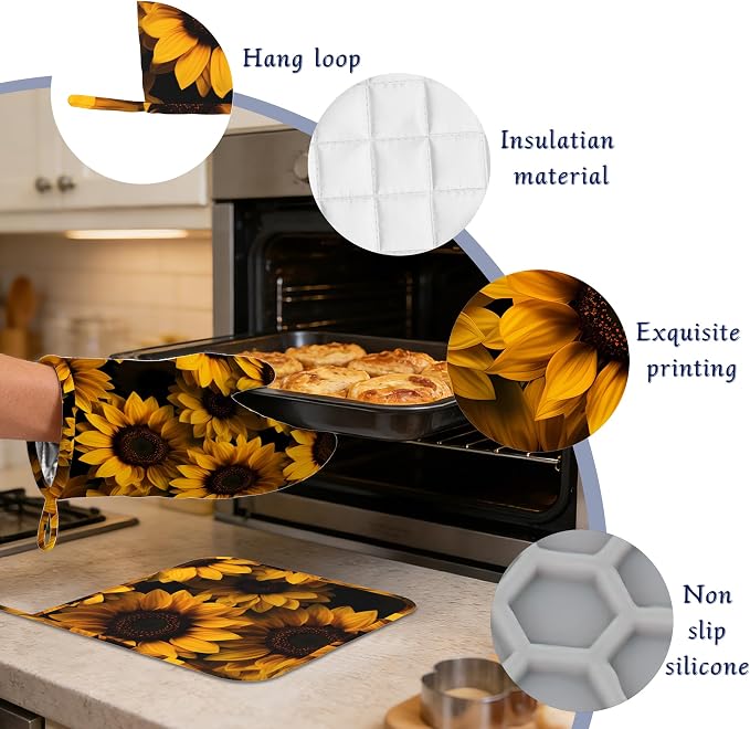 Spring Sunflowers Oven Mitts and Pot Holders Sets of 4 Yellow Flowers Heat - Image 4