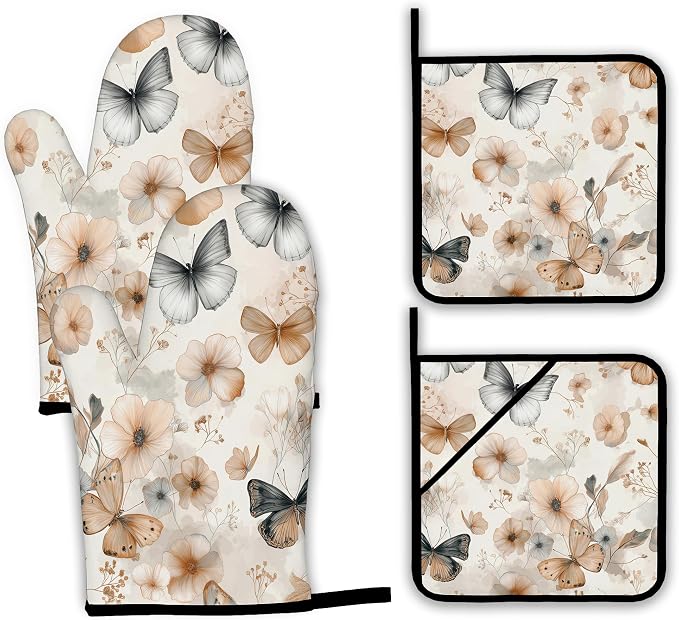 Butterfly Oven Mitts and Pot Holders, Boho Floral Flower Heat Resistant Oven by Unknown