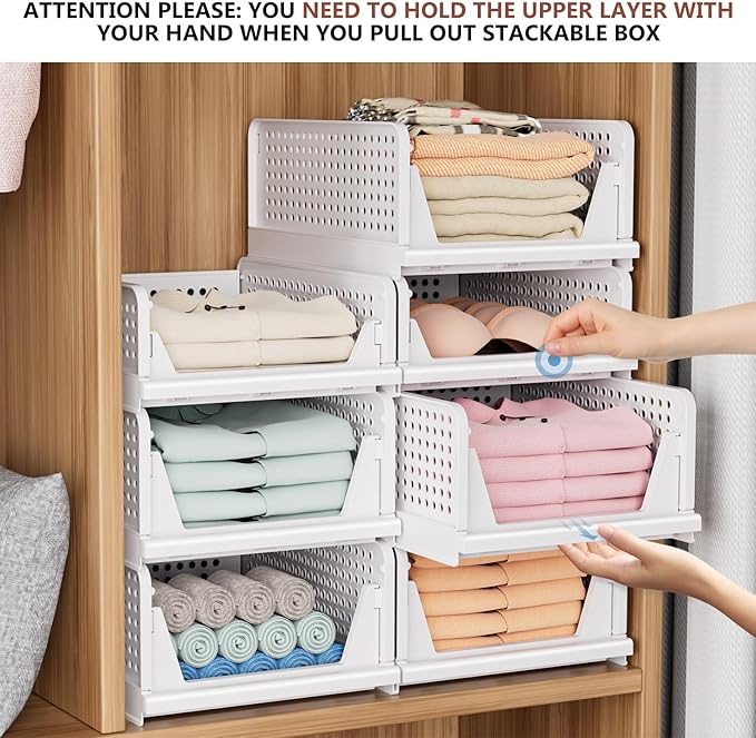 4 Pack Folding Closet Organizers Storage Box, Stackable Storage Bins, Plastic - Image 4