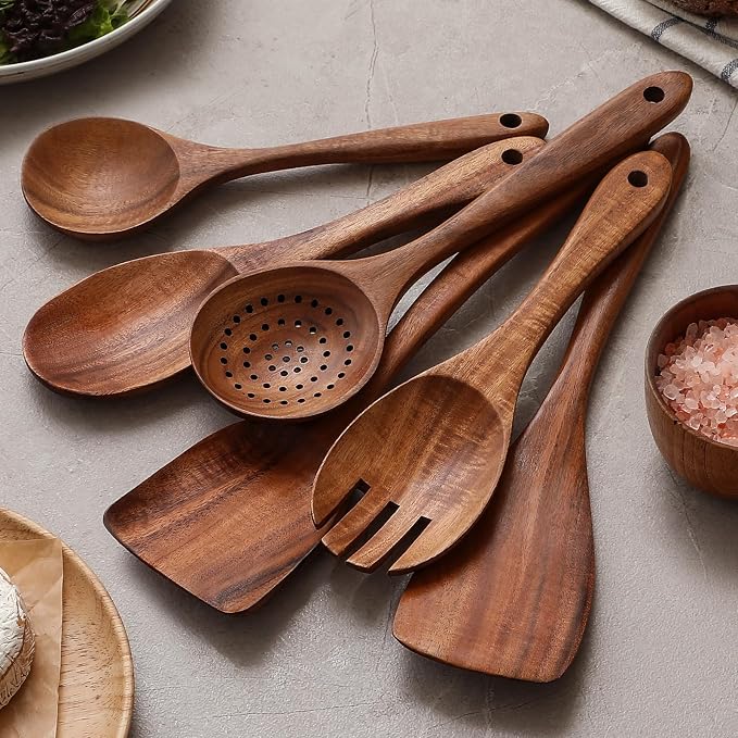 Premium Teak Wooden Spoons for Cooking, 6-Piece Wood Kitchen Utensils Set for - Image 4