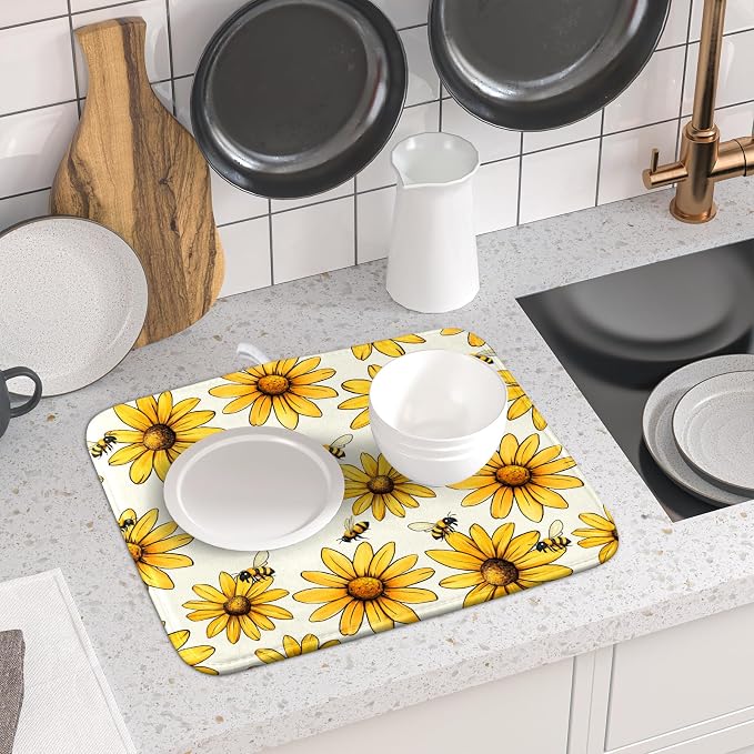 Spring Summer Sunflower Bee Dish Drying Mat of Kitchen Counter 16×18 Inch - Image 6