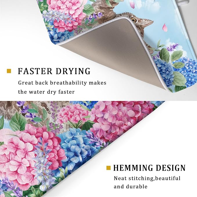 Cute Cat Dish Drying Mats for Kitchen Counter Hydrangea Floral Absorbent Drying - Image 3