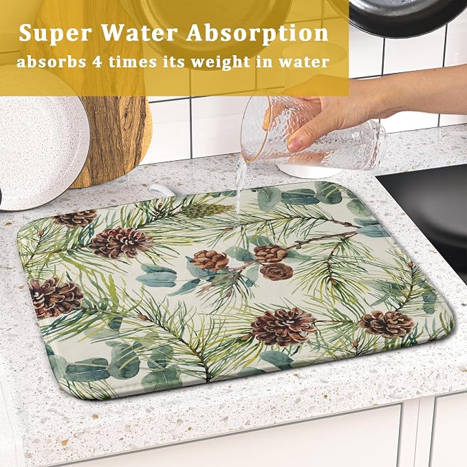 Winter Dish Drying Mat for Kitchen Counter 16x18 Christmas Evergreen Leaves - Image 7