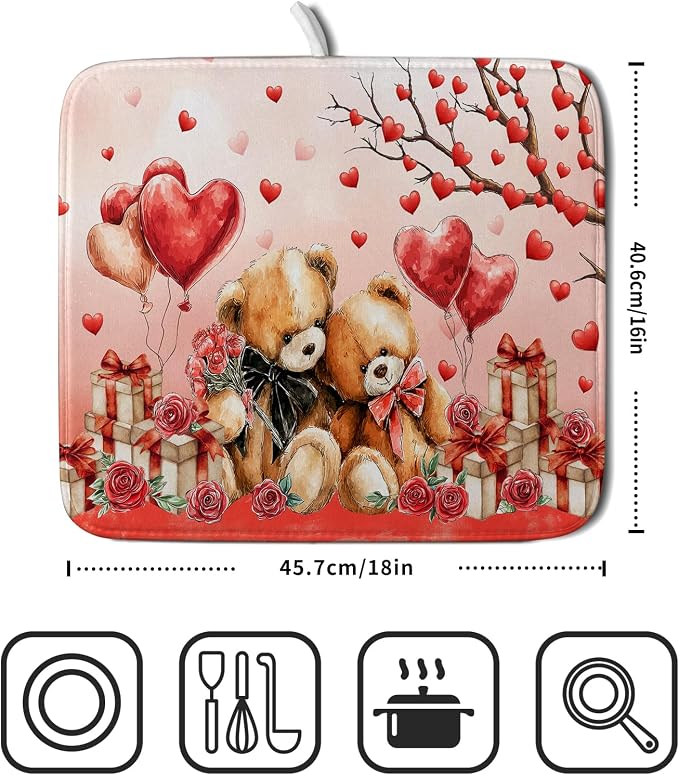 Valentines Day Dish Drying Mat Bear Lover Absorbent Kitchen Drying Mats - Image 2