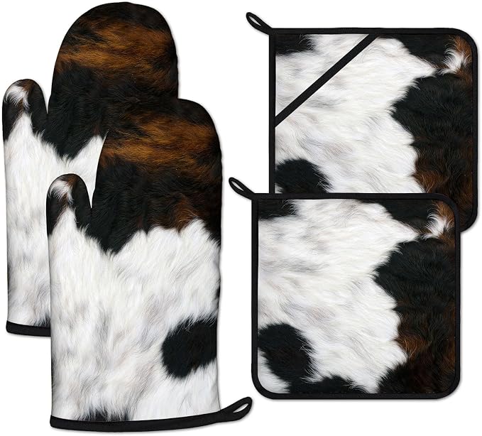 Brown Cowhide Oven Mitts and Pot Holders Sets Heat Resistant 4Pcs Potholders by ANTJOO