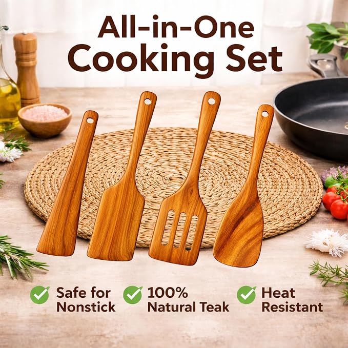 Wooden Kitchen Utensil Set, 4-Piece Teak Wood Cooking Utensils - Image 2