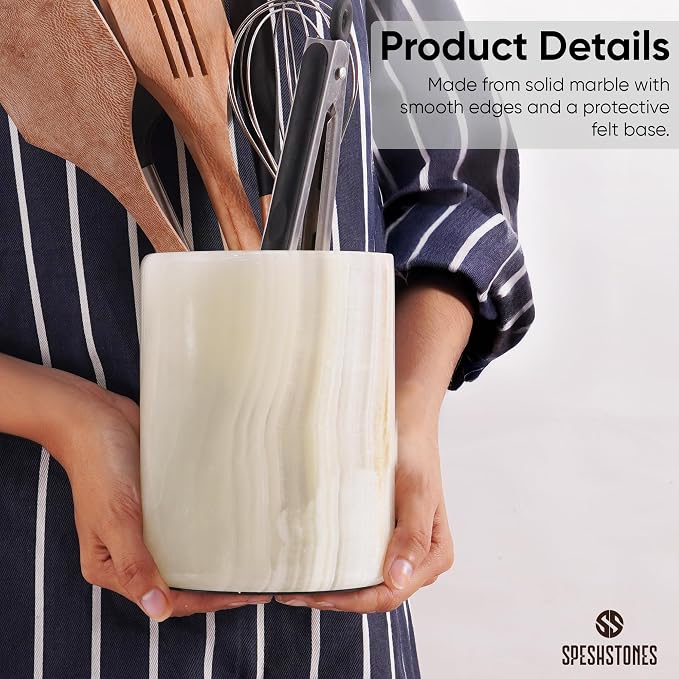 Marble Utensil Holder 6.5 Inch Cream Onyx Wooden Cooking Utensils Set & Spatula - Image 5