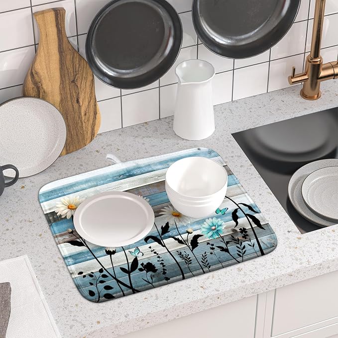 Blue White Daisy Floral Dish Drying Mat - Image 6