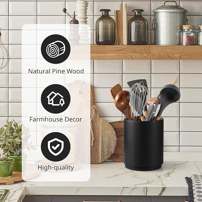 Bivvclaz Wooden Utensil Holder, 360°Rotating 7.2" Utensil Holder - Image 4