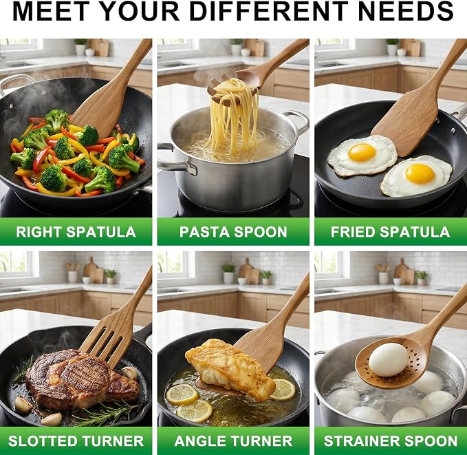 9 Pack Best Wooden Spoons Non Toxic Cooking Utensil Set - Image 2