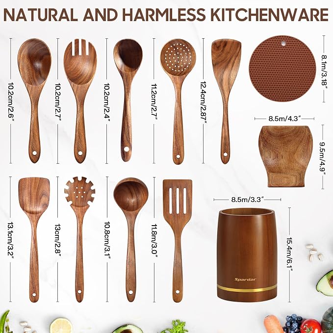 Spardar Wooden Kitchen Utensils, 12 Piece Set Wooden Spoon Set - Image 7