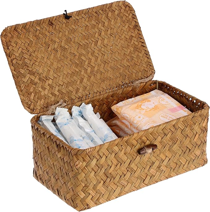 Sumnacon Wicker Basket with Lid Rectangle Woven Baskets by Sumnacon