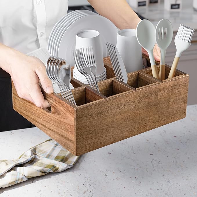 VaeFae Acacia Wood Caddy Organizer, Napkin and Paper Plate Holder, Wooden - Image 4