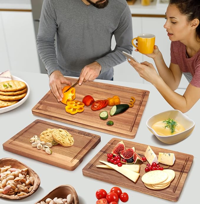 Solid Wooden Cutting Board Set of 3 Acacia Wood Charcuterie Boards Set Hardwood - Image 6