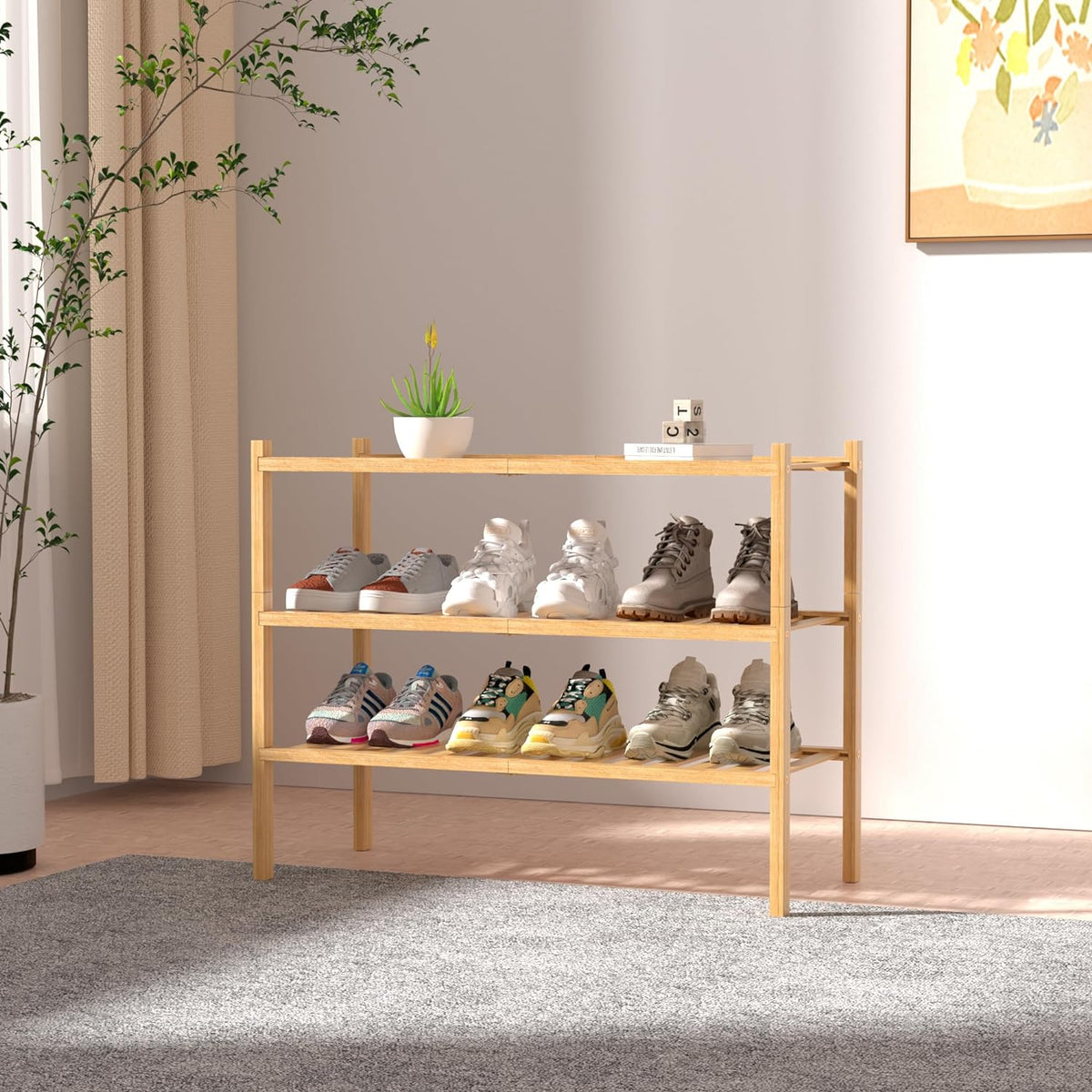 ROMGUAR CRAFT 3 Tier Bamboo Shoe Rack for Closet Free Standing Wood