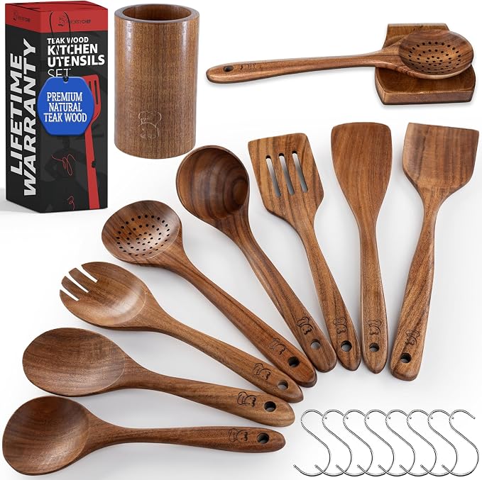 PriorityChef Wooden Spoons for Cooking, Premium 8pc Teak Wood Utensil Set by PriorityChef