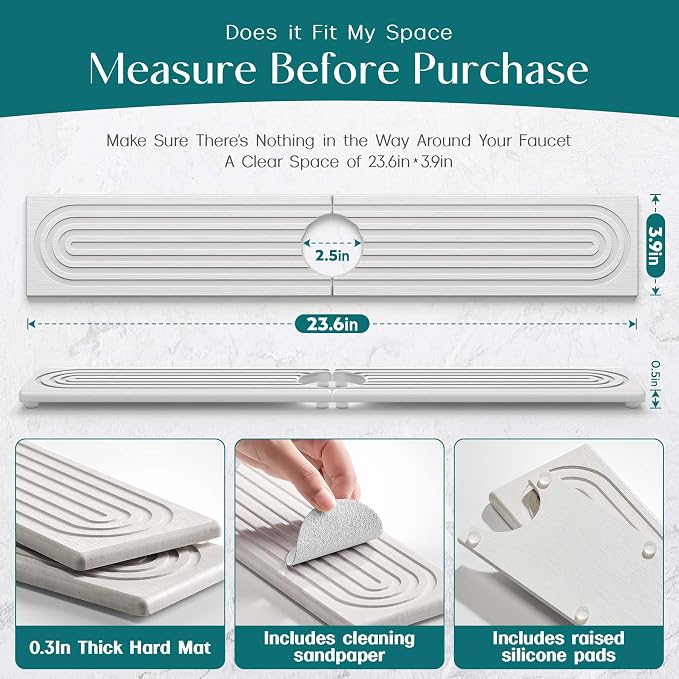 Eormoe Faucet Mat for Kitchen Sink – Diatomite Stone Drying Mat & Sink - Image 4