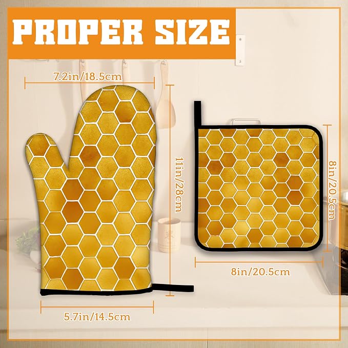 Honeycomb Oven Mitts and Pot Holders Set, Bee Kitchen Decor Heat Resistant Non - Image 2